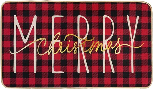 Vista 9 de ONWAY Felpudo Feliz Navidad, Felpudo de Puerta Estacional de Invierno Negro Dorado para Navidad y Fiestas, Alfombra de Piso de Bajo Perfil, Tapete