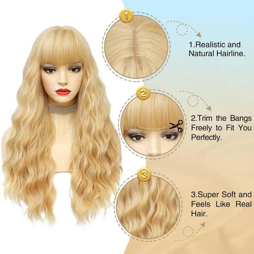 Vista 4 de VERNA - Peluca rubia con flequillo, peluca sintética de aspecto natural, rizada, ondulada de 26 pulgadas, resistente al calor, estilo de parte media