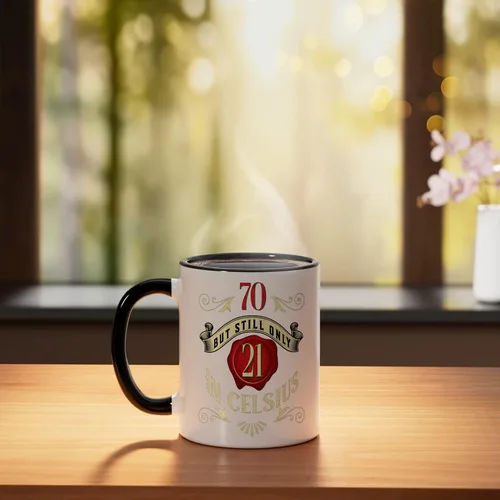 Vista 3 de 70 But Only 21 In Celsius, Funny 70th Birthday Vintage Ceramic Mug, Black/White