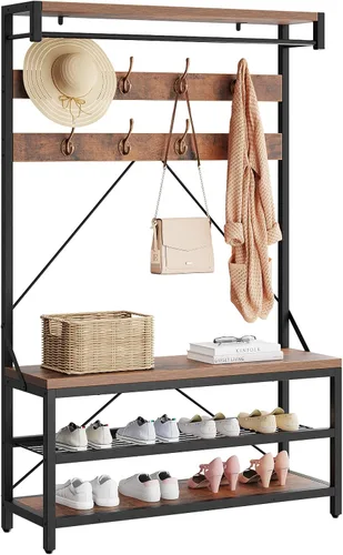 Vista 7 de Amyove Perchero grande para zapatos, banco de zapatos, zapatero de árbol para entrada, estante de almacenamiento de 3 niveles y ganchos extraíbles
