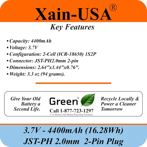 Vista 7 de Paquete de 1 batería de iones de litio de 3.7V 4400mAh con conector JST‑PH de 2 pines para electrónica, luces LED, juguetes, GPS y nodos solares