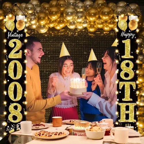 Vista 6 de Cartel de fiesta de cumpleaños número 18 con luces LED para hombres y mujeres - Carteles de puerta de cumpleaños número 18 en negro y dorado vintage