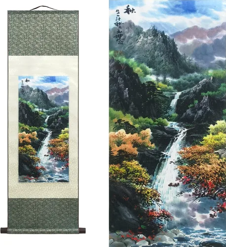 Vista 22 de AtfArt Decoración asiática de pared, hermosa pintura de pergamino de seda del paisaje del río de la cascada - Montaña, primavera, otoño