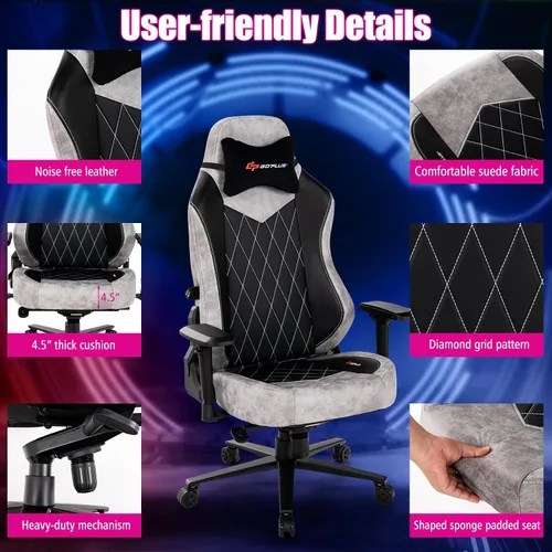 Vista 9 de Goplus Silla para videojuegos, silla giratoria de 360° en altura ajustable para computadora con soporte lumbar ajustable, reposabrazos 4D, asiento
