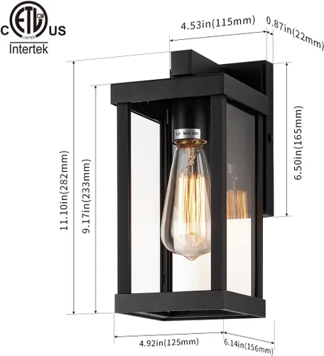 Vista 2 de mirrea Aplique de pared clásico para exteriores de 11 pulgadas, marco de metal rectangular negro mate y pantalla de vidrio transparente, luz