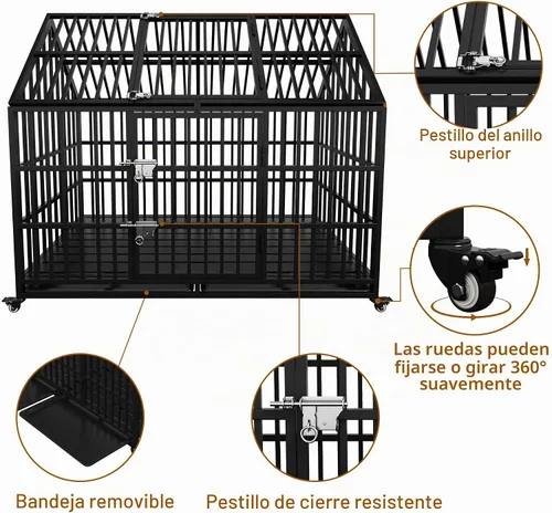 Vista 5 de Jaula de perro de 54 pulgadas resistente e indestructible con alfombrilla, jaula canina con ruedas bloqueables a prueba de fugas, puerta doble
