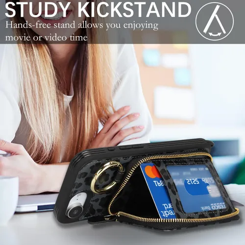 Vista 4 de Funda tipo cartera para iPhone 17e/16e, diseño de leopardo negro Funda de piel sintética con cremallera para bolso, funda con función atril