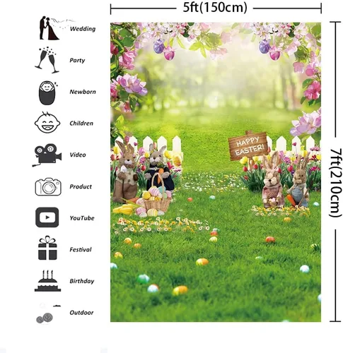 Vista 4 de Telón de fondo de Pascua para fotografía, 5 x 7 pies, Pascua, primavera, jardín, floral, conejito, huevos coloridos, valla de hierba verde, fondo
