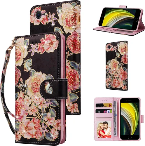Vista 9 de UEEBAI Funda tipo cartera para iPhone SE 2022 5G/iPhone 7/iPhone 8/iPhone SE 2020, funda de piel sintética con función atril y bloqueo RFID, funda