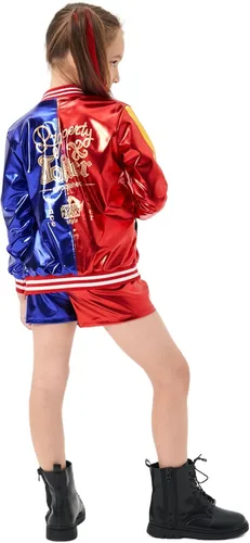 Vista 4 de Disfraces de Halloween para niñas, disfraces de Joker con chaqueta, pantalones cortos, camiseta, fácil de usar para disfraces de cosplay de niños
