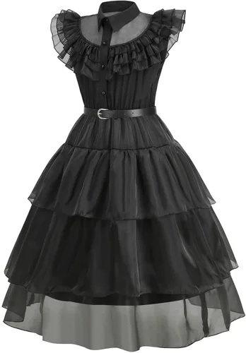 Vista 2 de Nerveol Disfraz negro para niñas, disfraz de Halloween para la familia, disfraz de cosplay, fiesta de princesa, vestido de 4 a 12 años