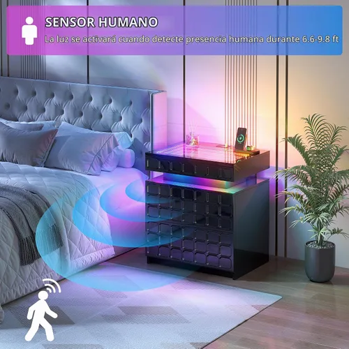 Vista 6 de Vlsrka Mesita de noche con luces RGB, soporte de noche inteligente con Negro