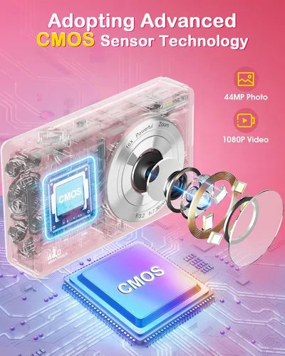 Vista 2 de Cámara digital FHD 1080P 44MP Cámaras para fotografía, cámara digital para apuntar y disparar para niños con tarjeta de 32 GB, zoom 16X