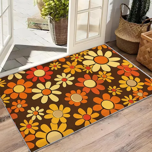 Vista 4 de Alfombra retro Groovy Flower para niños, alfombra de 2 x 3, alfombra de área de flores retro, hippie de los años 70, lavable, antideslizante