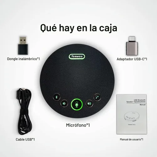 Vista 9 de Tenveo Micrófono de altavoz de conferencia, conectividad Bluetooth/Dongle/USB, 4 micrófonos de ruido AI y captación de sonido de 360°, compatible