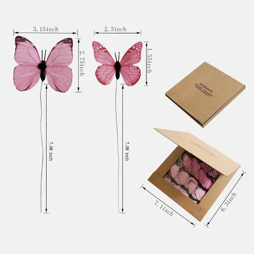 Vista 5 de Paquete de 12 decoraciones de mariposa, decoración de estacas de mariposa 3D, 2 tamaños de adorno de mariposa para el hogar, flores falsas