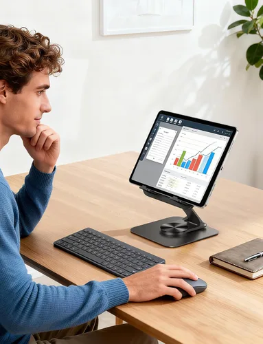 Vista 8 de Lamicall Soporte ajustable para iPad para escritorio, plegable, ultradelgado, rotación de 360°, soporte para tablet con base resistente, soporte