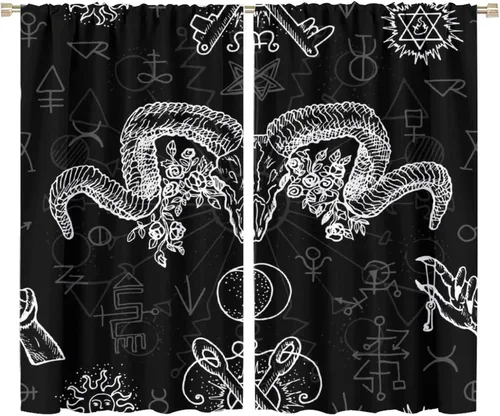 Vista 49 de BAEKJIN Cortinas de cabeza de cabra, diseño de calavera malvada, bruja, símbolo misterioso, bolsillo para barra, cortinas opacas para ventana, juego