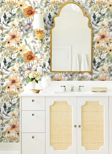 Vista 6 de Guvana Papel tapiz floral de 78.7"×16.14" amarillo/naranja despegar y pegar, papel de contacto floral bohemio, papel de pared removible