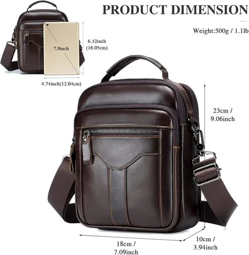Vista 3 de BAIGIO Bolso bandolera de cuero genuino para hombre, bolso de mensajero pequeño para hombre, bolso de cuero para regalo de padre
