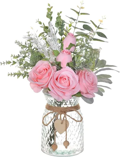 Vista 14 de Rosas artificiales de seda de 14.5 pulgadas con jarrón para decoración del Borgoña