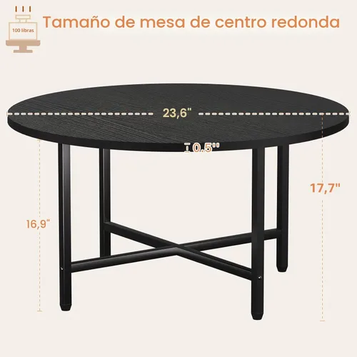 Vista 2 de Mesa de Café FAMIDGE, Mesas de Café de 23.6" para Sala de Estar, Mesa de Café Redonda con Marco de Metal, Mesa de Piso para Sentarse en el Suelo