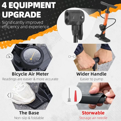 Vista 2 de Bomba de piso para bicicleta, bomba de bicicletas con manómetro, bomba de aire de bicicleta con alta presión de 160 psi, bomba de neumáticos