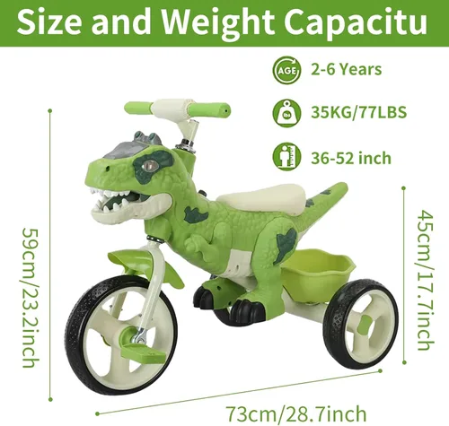Vista 3 de Triciclo de dinosaurio para niños, triciclo para niños pequeños, rueda grande con música, cesta de almacenamiento, bicicleta para niños preescolares