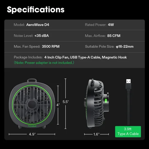 Vista 7 de VIVOSUN AeroWave D4 - Ventilador de clip para tienda de campaña con gancho