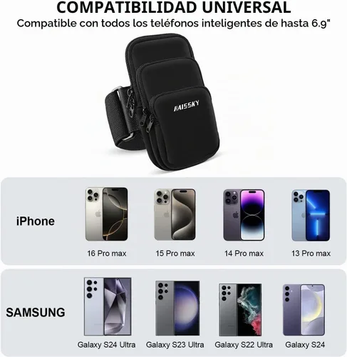Vista 2 de Brazalete porta teléfono de 3 bolsillos para correr para iPhone 16 15 14 Pro Max 13 Plus 12 11 XS XR X 8 7 Galaxy S23, bolsa para llaves y tarjetas