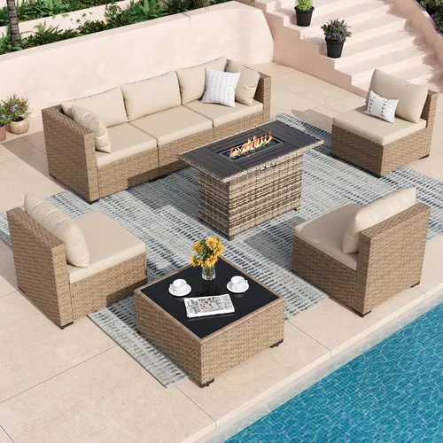 Vista 22 de Juego de muebles de patio, sofá seccional de mimbre para exteriores Beige/Negro