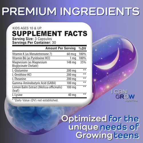 Vista 2 de I Can Grow NightTime Kids Vitaminas Multivitaminas Ayuda para Dormir Magnesio para niños con bisglicinato de magnesio Calma y recuperación