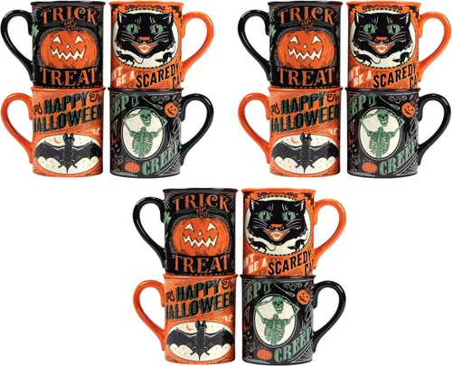 Vista 7 de Juego de 4 tazas de Halloween – Tazas de café de cerámica espeluznantes con diseños vintage de truco o trato – gato negro, esqueleto, calabaza