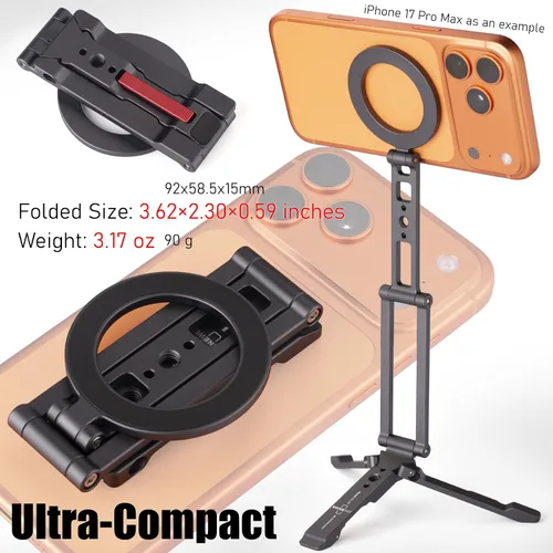 Vista 6 de SHINEWEE Soporte de trípode magnético ultracompacto: soporte de teléfono de aluminio para iPhone 17/16/15/14/13/12 Pro Max, soporte ajustable