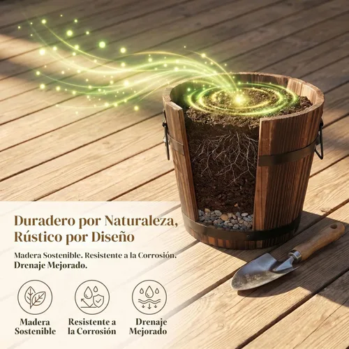 Vista 3 de DOITOOL Maceta rústica de madera en barril: cubo de madera para whisky, macetas para plantas de interior y exterior, contenedor para el hogar