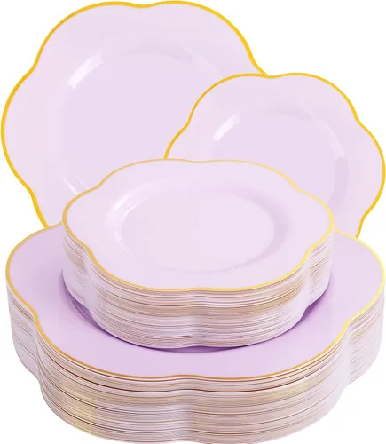 Vista 21 de Liacere 100 platos cuadrados de plástico blanco y plateado, 50 platos de cena blancos resistentes de 9.5 pulgadas y 50 platos de postre de 6 Blanco