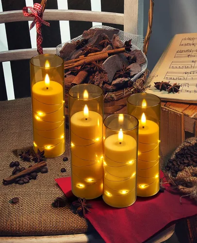 Vista 3 de ACROSS Velas de ámbar sin llama con tira de luces, funciona con pilas, velas LED de pilar de 5, 6, 7, 8 pulgadas, con control remoto, juego de 12