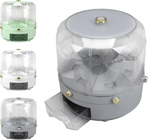 Vista 9 de Contenedor de almacenamiento de granos, caja dispensadora de arroz giratoria, dispensador de granos de 6 rejillas, dispensador de alimentos