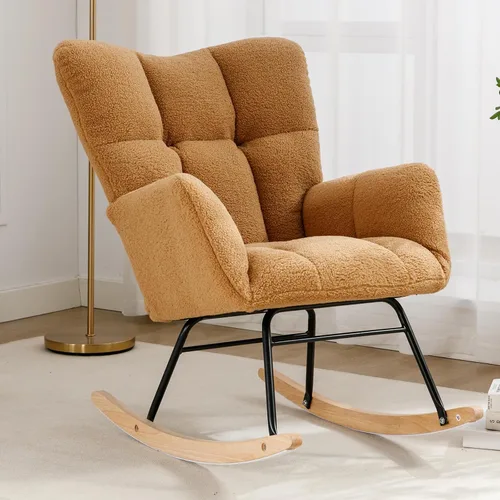 Vista 12 de Silla mecedora moderna para cuarto de bebé, silla deslizadora tapizada con respaldo alto, sillón de acento mecedor con patas de madera maciza