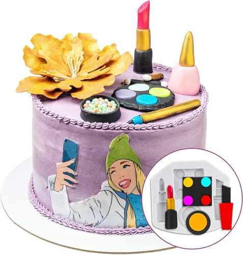 Vista 2 de 7 moldes de silicona para San Valentín, moldes de silicona con temática de maquillaje para pastel, chocolate, beso, lápiz labial, perfume, tacones
