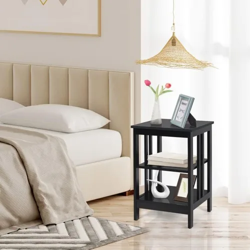 Vista 9 de Mesa auxiliar con estante de almacenamiento de 3 niveles para sala de estar, dormitorio, marco de madera estable, fácil montaje (negro, 1 unidad)