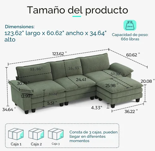 Vista 2 de LINSY HOME Sofá Seccional Modular de 123'' Sofá Verde de Pana Nube para Sala de Estar, Sofá en Forma de L con Otomana Móvil, Sofás Seccionales