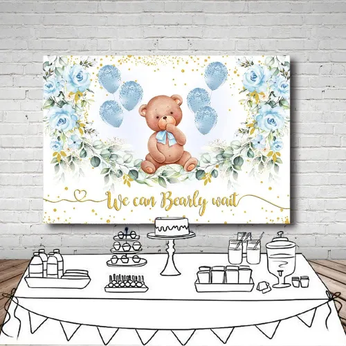 Vista 4 de MEHOFOND Fondo de fiesta de baby shower de oso de 7 x 5 pies, fondo azul floral para fotografía, puntos dorados con purpurina, globos azules bebé
