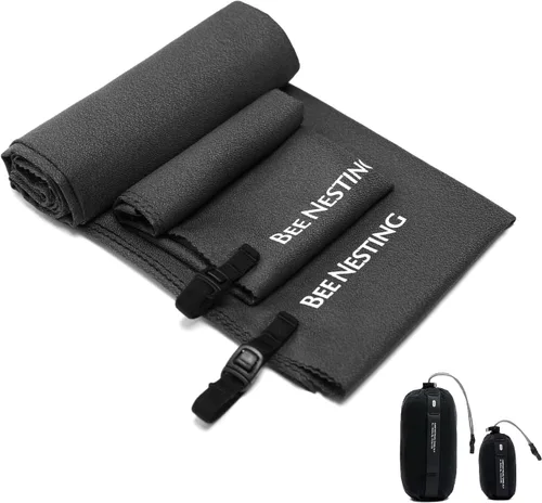 Vista 26 de Bee Nesting Toalla ultraligera de secado rápido – Paquete de 2 toallas de microfibra medianas y pequeñas con bolsillo compacto plegable para viajes