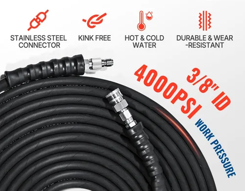 Vista 2 de YAMATIC Manguera de lavadora a presión de 3/8" 50 pies con conector rápido giratorio de acero inoxidable, 4000 PSI calibre comercial con trenzado