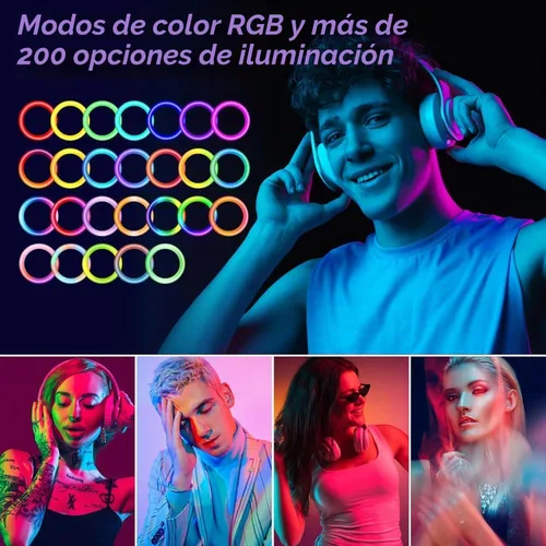 Vista 3 de Anillo de luz de 10.3 pulgadas con trípode y soporte para iPad para teléfono, anillo de luz para selfie con 51 modos de color, iluminación circular