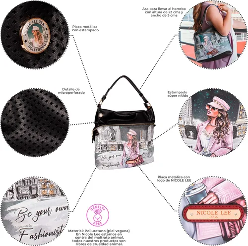Vista 2 de Nicole Lee Sara is - Bolso de hombro grande suave pero fuerte, bolso de mano con tachuelas con adornos de diamantes negros con correa cruzada
