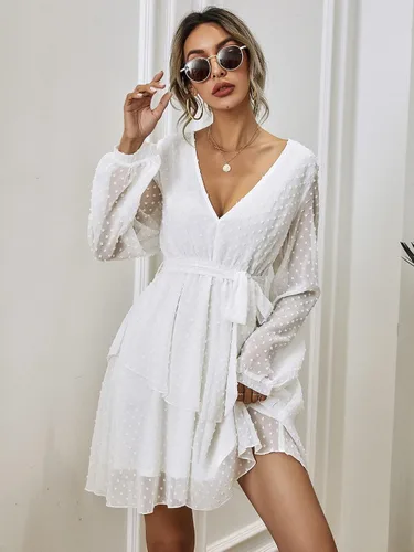 Vista 3 de MakeMeChic Vestido de manga obispo con cinturón de punto suizo para mujer