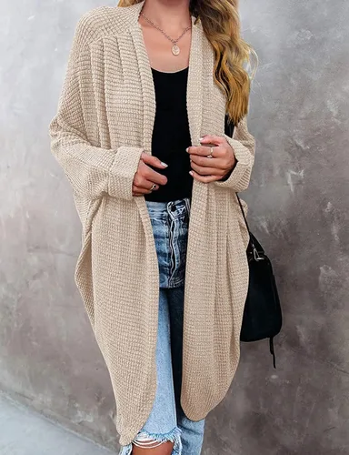 Vista 2 de ZESICA Women's 2024 Fall Casual Waffle Knit Solid Color Long Batwing Sleeve Oversized Open Front Sweater Cardigan Coat