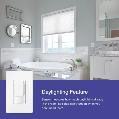 Vista 7 de Lutron Maestro Interruptor LED+ con sensor de movimiento/atenuador con placa de pared 150W LED Un polo/múltiples ubicaciones MSWCL-OP153M-WH
